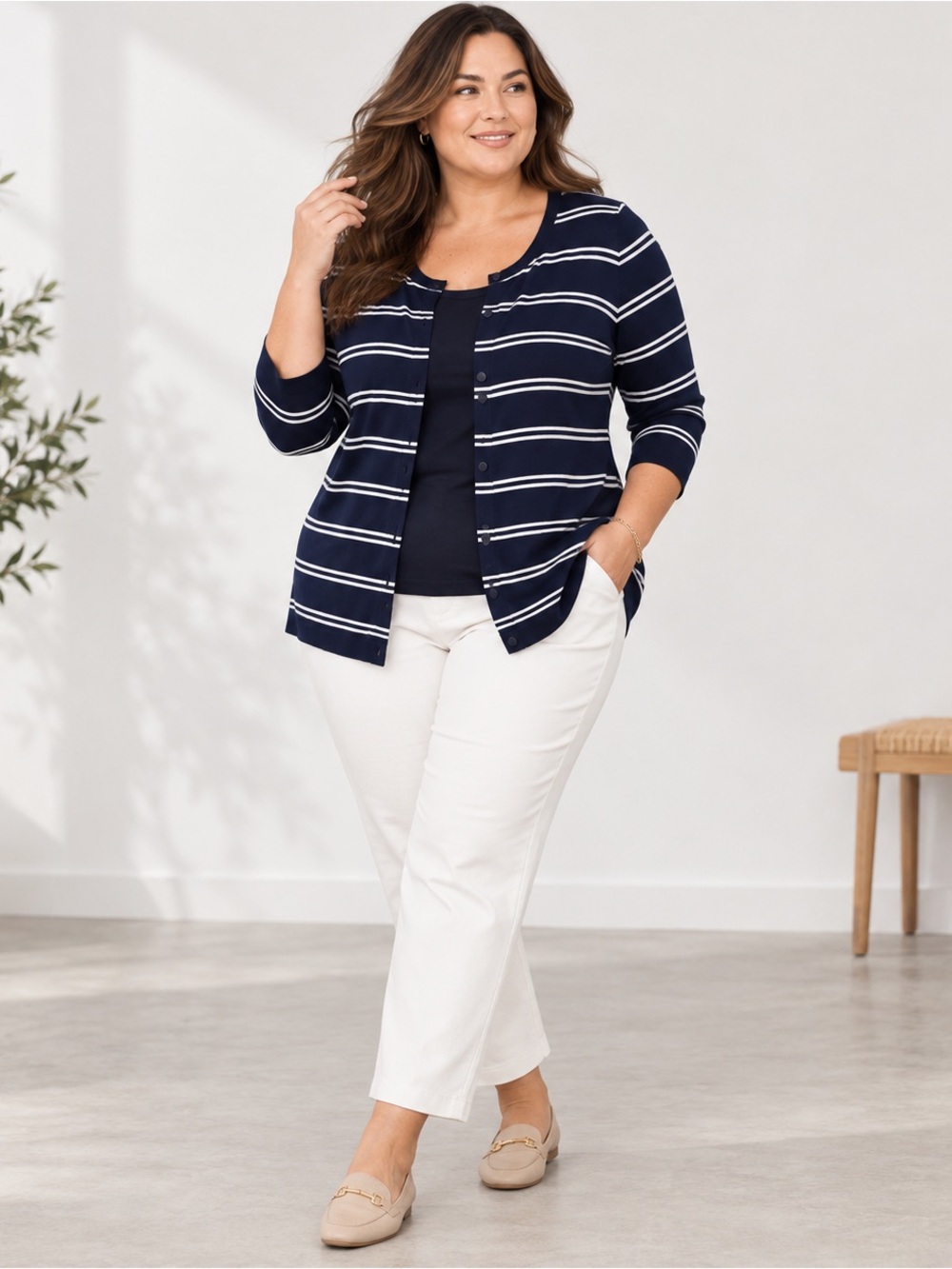 Talbots Plus 2X Navy White Striped Button Front Cardigan 3/4 Sleeve Cotton Blend